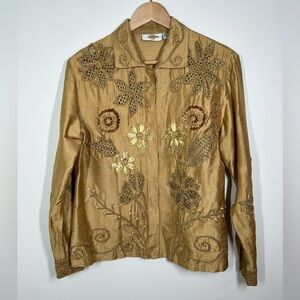 SANDY Starkman 100% Silk‎ Gold Embellished Button Down Shirt Size Petite  Medium